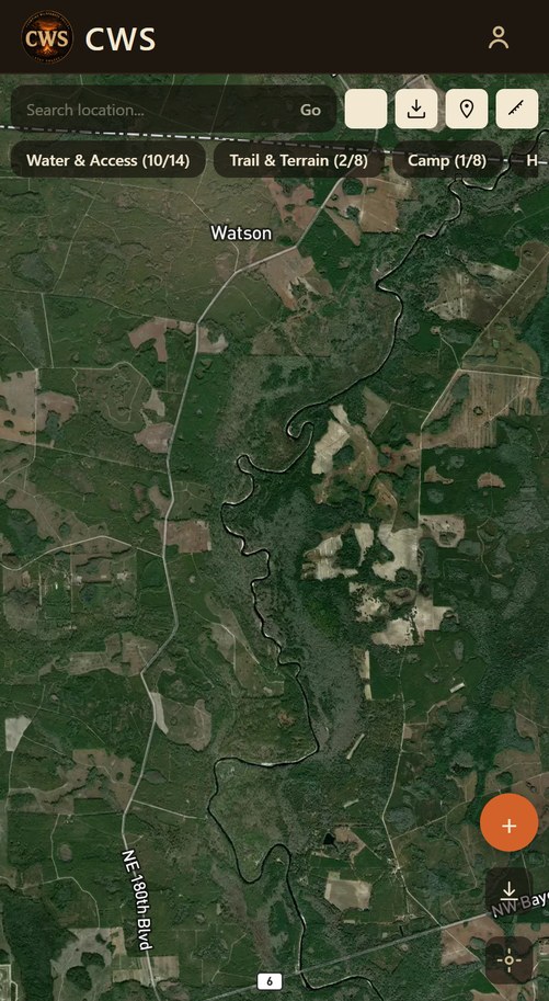 Satellite map of a river with filters for water and access, trails, and camps
