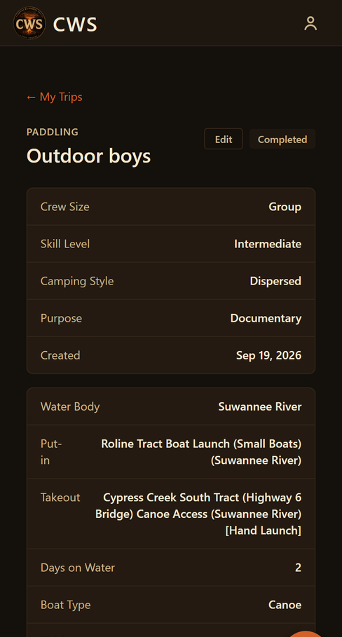 CWS trip plan screen listing skill gaps, put-in and takeout, and crew