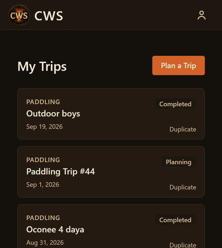 CWS My Trips screen listing saved trips with their status