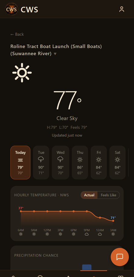 Weather screen with current temperature, a daily forecast, and hourly temperature