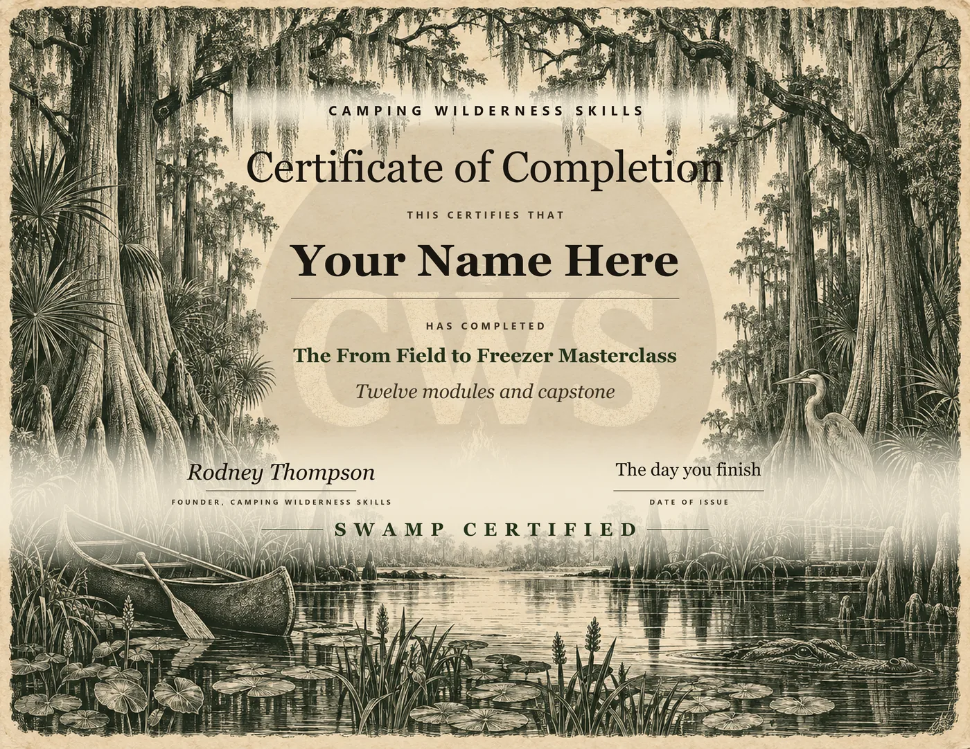Certificate of completion for The From Field to Freezer Masterclass on an engraved swamp plate, the name line reading Your Name Here, SWAMP CERTIFIED at the foot