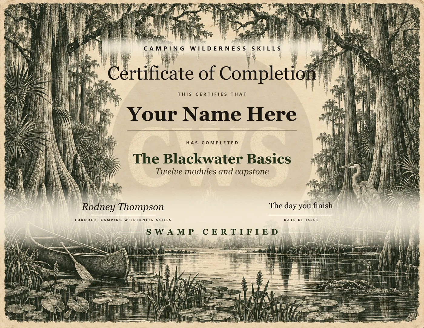 Certificate of completion for The Blackwater Basics on an engraved swamp plate, the name line reading Your Name Here, SWAMP CERTIFIED at the foot