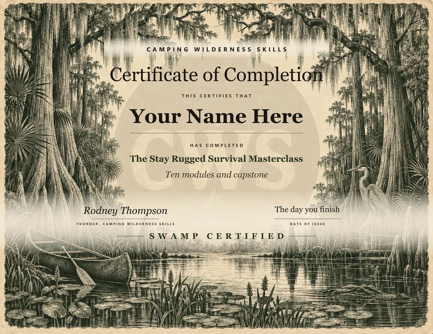 Certificate of completion for The Stay Rugged Survival Masterclass on an engraved swamp plate, the name line reading Your Name Here, SWAMP CERTIFIED at the foot