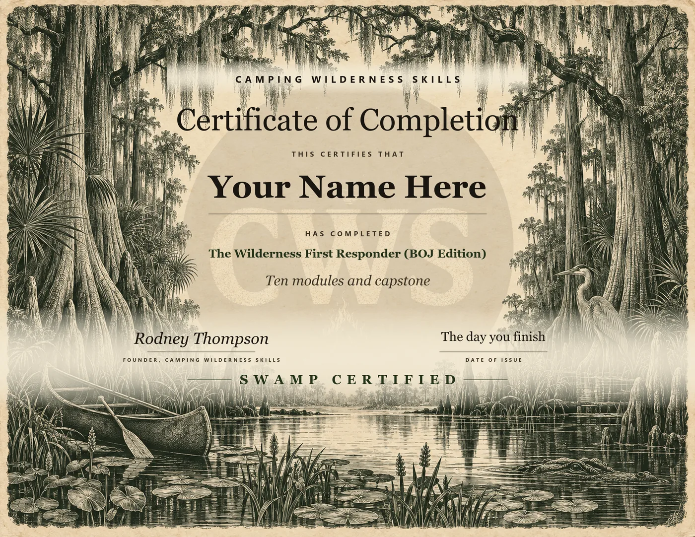 Certificate of completion for The Wilderness First Responder (BOJ Edition) on an engraved swamp plate, the name line reading Your Name Here, SWAMP CERTIFIED at the foot